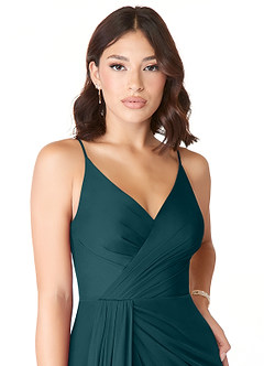 Azazie Evalin Bridesmaid Dresses Pine A-Line V-Neck Pleated Mesh Dress image5