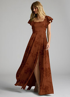Azazie Bondi Bridesmaid Dresses Burnt Orange Floral A-Line Bow Stretch Satin Dress image6