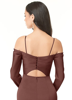 Azazie Hallie Bridesmaid Dresses Espresso Sheath Off-The-Shoulder Long Sleeve Stretch Satin Convertible Dress image7