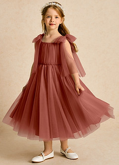 Azazie Dori Robe Demoiselle D'honneur Fillette Robe Trapèze en Tulle Rayé Auburn image5