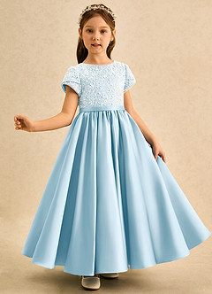 Azazie Cashew Flower Girl Dresses Sky Blue Ball-Gown with Sleeves Matte Satin Dress image4