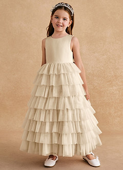 Azazie Twinkle Toes Flower Girl Dresses Champagne A-Line Bow Tulle Dress image2