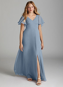 Azazie Kimber Junior Abito A-Line in Chiffon Plissettato Blu Polveroso image1