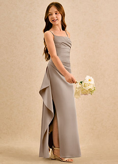 Azazie Cannoli Girls Formal Flower Girl Dresses Taupe A-Line Pleated Stretch Satin Dress image5