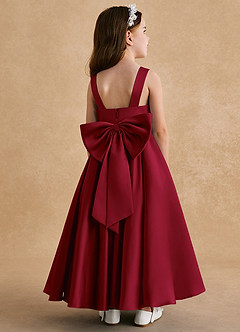 Azazie Honey Bear Flower Girl Dresses Burgundy A-Line Pleated Matte Satin Dress image1