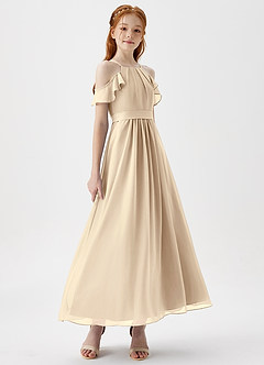 Azazie Chaya Junior Champagne A-Line Off the Shoulder Chiffon Dress image6