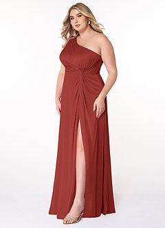 Azazie Brooke Bridesmaid Dresses Terracotta A-Line One Shoulder Mesh Dress image8