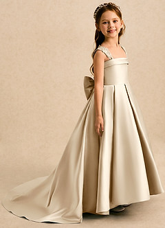 Azazie Genie Flower Girl Dresses Champagne Ball-Gown Off the Shoulder Matte Satin Dress image1