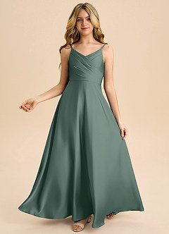 Azazie Bug Junior Sea Moss A-Line Pleated Stretch Satin Dress image2