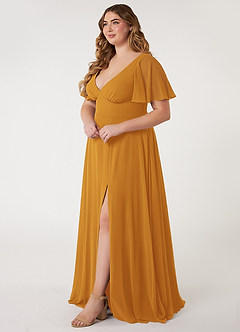 Azazie Kimber Bridesmaid Dresses Butterscotch A-Line Flounce Sleeve Chiffon Dress image7
