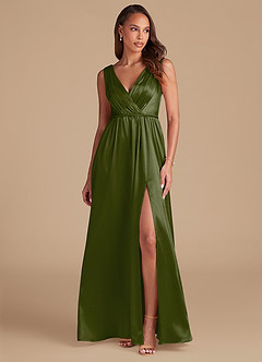 Azazie Tanicia Bridesmaid Dresses Olive A-Line Pleated Metallic Satin Dress image1