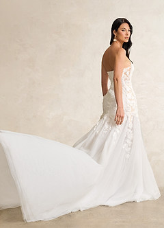 Azazie Priscilla Wedding Dresses Diamond White Champagne Mermaid Lace Tulle Dress image2