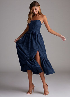 Azazie Delphina Bridesmaid Dresses Dark Navy A-Line Strapless Floral Burnout Convertible Dress image4