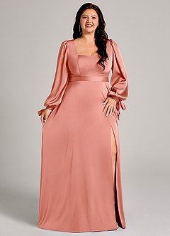 Azazie Leonia Bridesmaid Dresses Coral A-Line Long Sleeve Stretch Satin Dress image11
