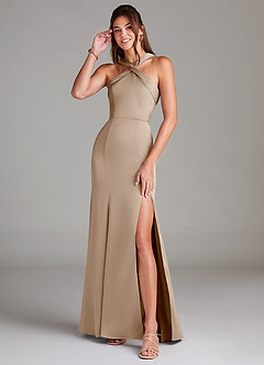 Azazie Rue Bridesmaid Dresses Taupe A-Line Pleated Stretch Satin Dress image1