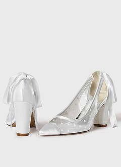 front Tulle Bow Slingback Block Heel Wedding Shoes