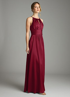 Azazie Bonnie Bridesmaid Dresses Burgundy A-Line Pleated Stretch Satin Dress image4