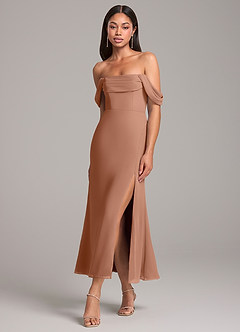 Azazie Saige Bridesmaid Dresses Bronzer Sheath Off the Shoulder Chiffon Convertible Dress image3