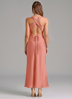 Azazie Evadne Vestidos de damas de honor Vestido de Rosa Salmón de Satén Elástico de Corte Recto con Plisado image5