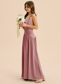 Azazie Dotty Junior Abito A-Line in Raso Elasticizzato Plissettato Rosa Polverosa image3