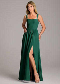 Azazie Rosaline Bridesmaid Dresses Emerald A-Line Side Slit Chiffon Dress image5