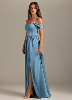 Azazie Calianna Bridesmaid Dresses Steel Blue A-Line Off the Shoulder Stretch Satin Convertible Dress image6