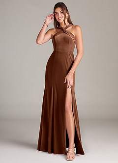 Azazie Rue Bridesmaid Dresses Umber A-Line Pleated Velvet Dress image3