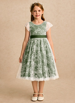 Azazie Maisie Flower Girl Dresses Ivory Olive A-Line Lace Dress image3