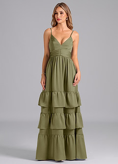 Azazie Nathalia Final Sale Pistachio A-Line Pleated Stretch Satin Dress image3