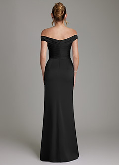 Azazie Teyana At-home Try On Dresses Black Sheath Off the Shoulder Stretch Satin Dress image7