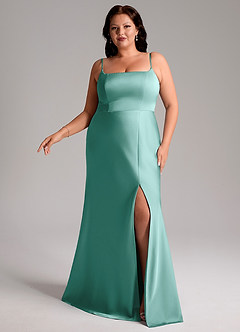 Azazie Lidia Vestidos de damas de honor Vestido de Aqua de Satén Elástico de Corte Sirena con Corte Lateral image10