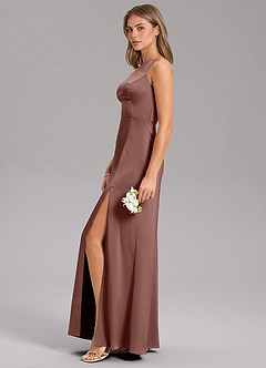 Azazie Feby Bridesmaid Dresses Espresso A-Line One Shoulder Stretch Satin Dress image5