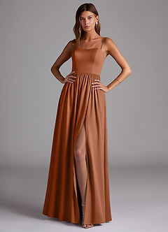 Azazie Calianna Bridesmaid Dresses Copper A-Line Off the Shoulder Stretch Satin Convertible Dress image1