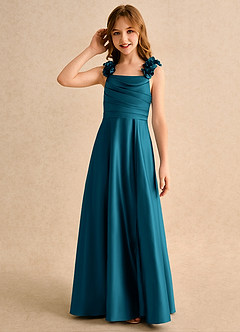 Azazie Rosita Girls Formal vestidos de niña de las flores Vestido de Azul Tinta de Satin Mate de Corte en A con Plisado image6