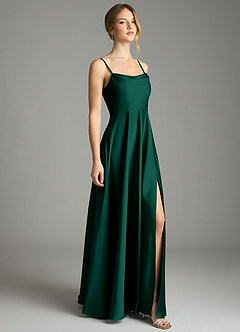 Azazie Elle Bridesmaid Dresses Emerald A-Line Pleated Stretch Satin Dress image4