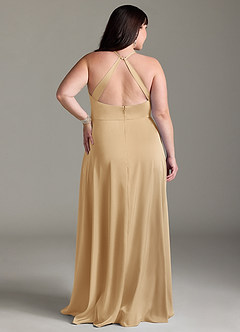 Azazie Davis Bridesmaid Dresses Gold A-Line Pleated Stretch Satin Dress image8