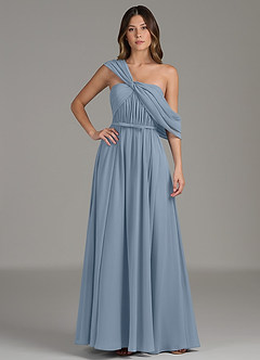 Azazie Nyah Robes à essayer chez vous Robe Trapèze en Mousseline de soie Épaule décolletée Bleu Poussiéreux image4