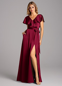 Azazie Lainey Bridesmaid Dresses Burgundy A-Line with Pockets Stretch Satin Dress image3