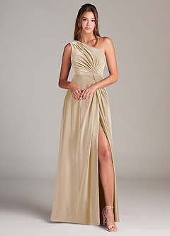 Azazie Brooke Bridesmaid Dresses Champagne A-Line One Shoulder Velvet Dress image4