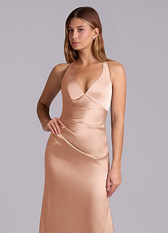 Azazie Amelie Bridesmaid Dresses Rose Gold A-Line Pleated Stretch Satin Dress image6