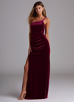 Azazie Eren Vestidos de damas de honor Vestido de Cabernet de terciopelo de Corte Recto con Hombro unilateral image1