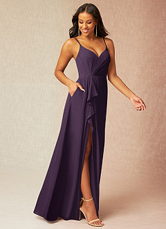 Azazie Kyedae Brautjungfernkleider A-Linie V-Hals Gefaltet Chiffon Kleid Pflaume image3