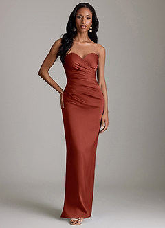 Azazie Sonora Vestidos de damas de honor Vestido de Terracota de Satén Elástico de Corte Recto con Sin tirantes image6