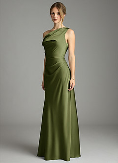 Azazie Emerson Bridesmaid Dresses Olive Mermaid Off the Shoulder Stretch Satin Dress image2