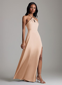 Azazie Tracie Bridesmaid Dresses English Rose A-Line Side Slit Stretch Satin Dress image3