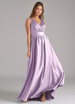 Azazie Kora Vestidos de damas de honor Vestido de Lila Esmerilada de Satén Elástico de Corte en A con Plisado image4