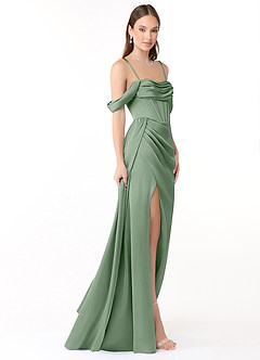 Azazie Amyra Vestidos de damas de honor Vestido de Matcha de Satén Elástico de Corte Recto Convertible con Vestidos sin tirantes image7