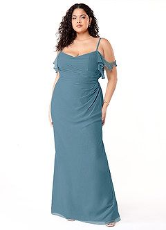Azazie Emeralda Brautjungfernkleider Etui Schulterfrei Chiffon Kleid Bermudablau image7