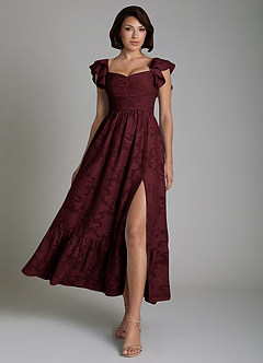 Azazie Anaya Bridesmaid Dresses Cabernet A-Line Ruched Floral Burnout Dress image1