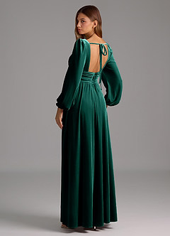 Azazie Norah Bridesmaid Dresses Emerald A-Line Long Sleeve Velvet Dress image3